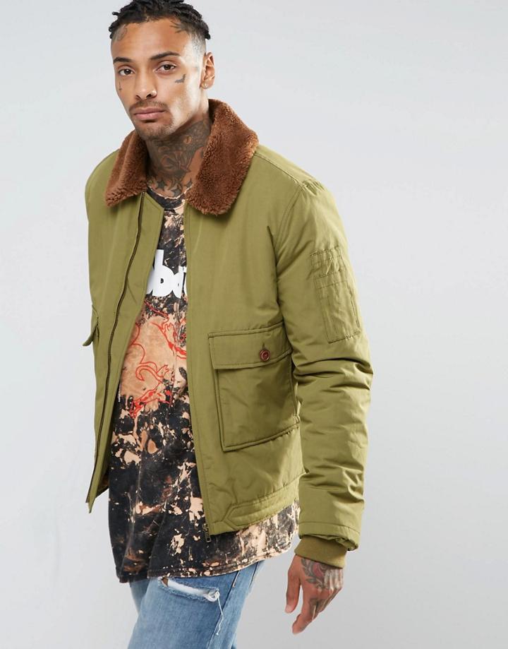 Asos Military Jacket With Fleece Collar In Khaki - Green