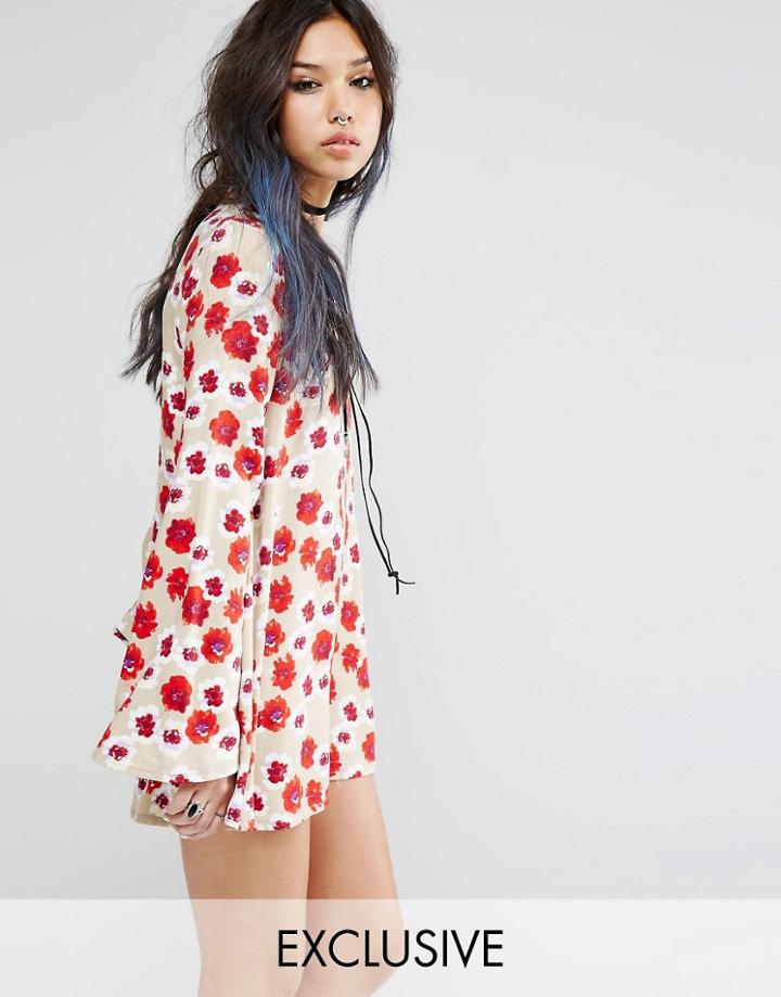 Milk It Vintage Smock Dress With Tie Neck Detail In Floral Print - Tan