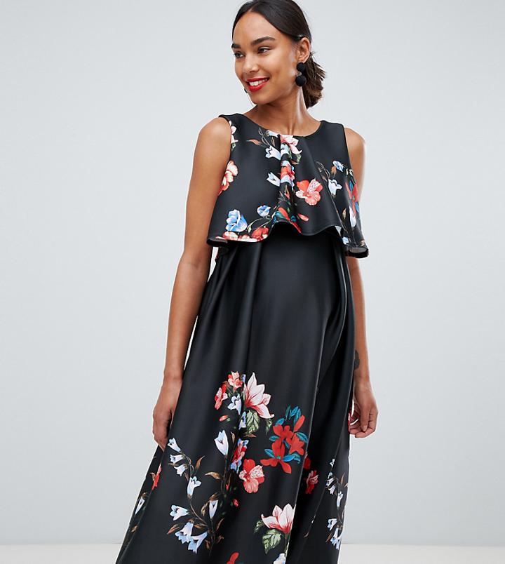 True Violet Maternity Scuba Double Layer Prom Midi Dress In Floral Print - Multi