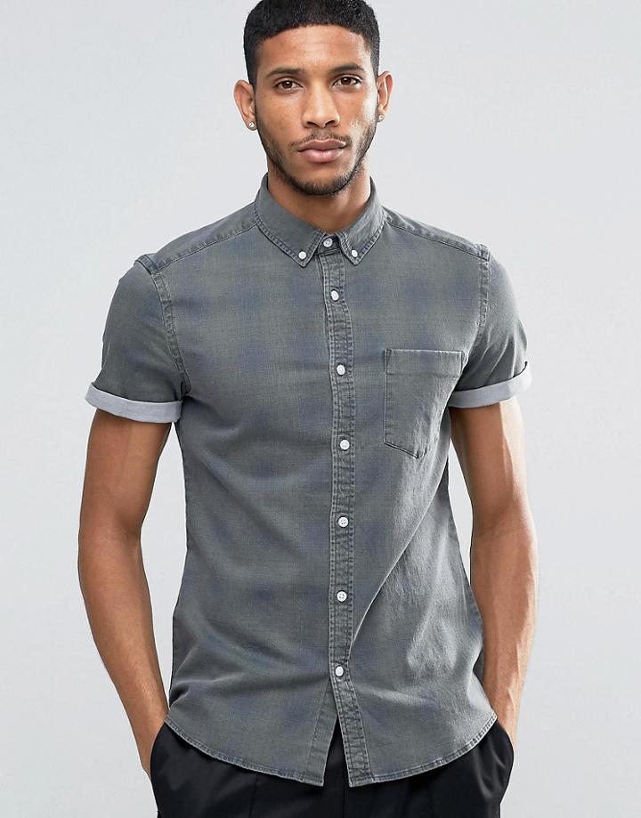 Asos Skinny Denim Shirt With Check In Khaki With Short Sleeve - Green