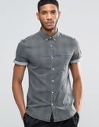 Asos Skinny Denim Shirt With Check In Khaki With Short Sleeve - Green