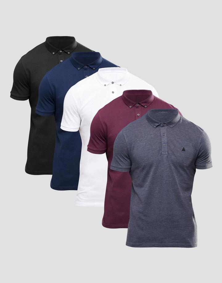 Asos 5 Pack Pique Polo With Logo Save 15% - Mutli
