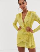John Zack Plunge Front Mini Wrap Dress In Yellow Sequin - Yellow