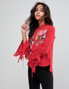 Millie Mackintosh Rose Embroidery Flared Blouse - Red