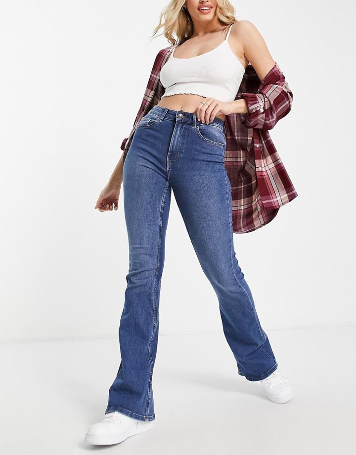 Pieces Peggy High Waist Flared Jeans In Mid Blue Denim