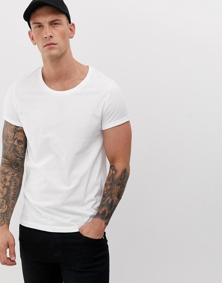 Asos Design T-shirt With Scoop Neck With Roll Sleeve In White - White