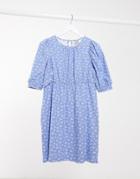 Asos Design Mini Smock Dress With Puff Sleeves In Blue Ditsy Floral Print-blues