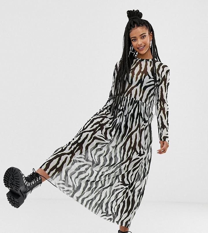 Collusion Zebra Print Mesh Maxi Dress