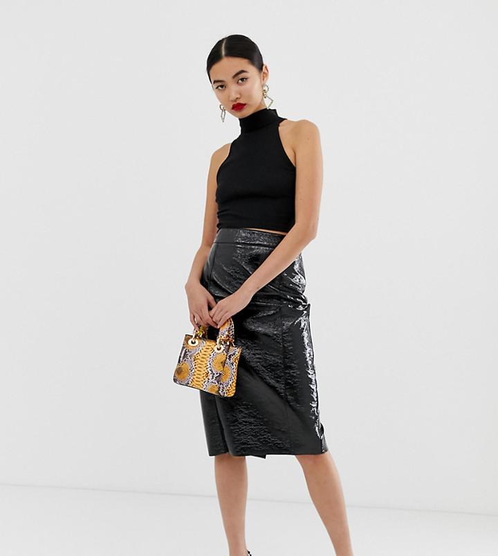 River Island Midi Pencil Skirt In Black Vinyl - Black