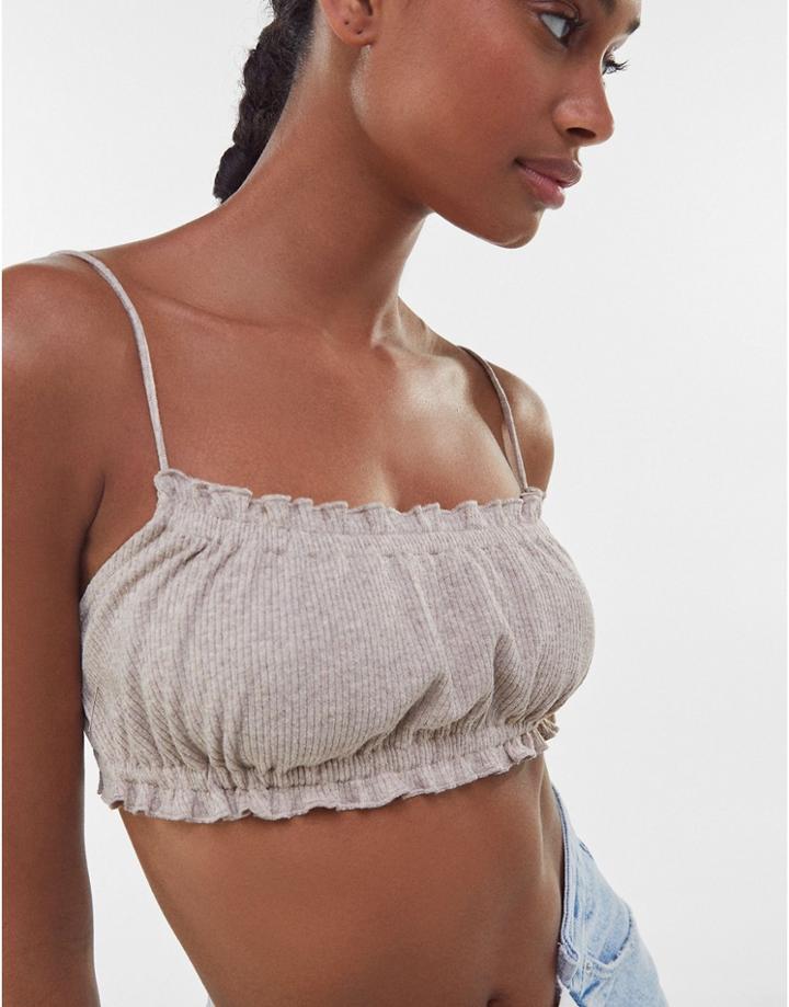 Bershka Recycled Cotton Cropped Stripe Ruched Cami In Oatmeal-neutral