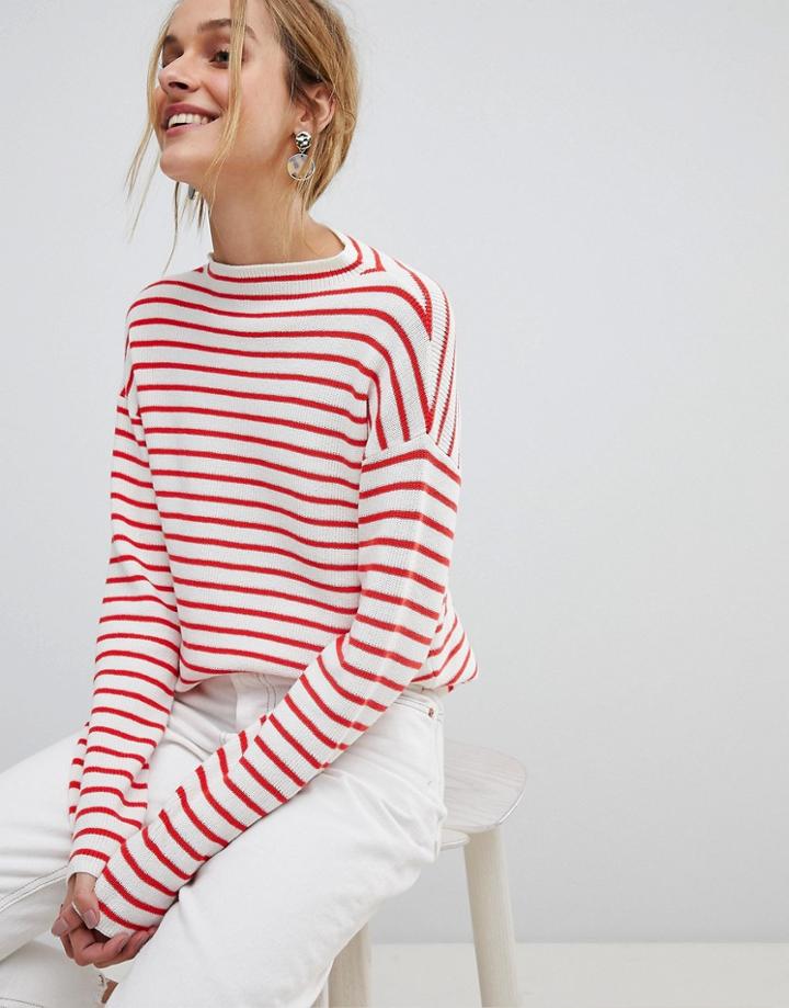 Pieces High Neck Striped Jumper - Red