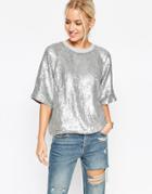 Asos Glitter Sequin Silver Sweat T-shirt - Silver