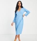 River Island Petite Textured Wrap Midi Dress In Blue