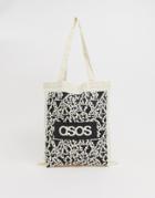 Asos Design Tote Bag In Beige With Noise Print And Brands List - Beige