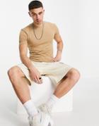 Asos Design Organic Muscle Fit T-shirt With Crew Neck In Beige-neutral