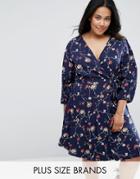 Yumi Plus Wrap Front Dress In Floral Print - Navy