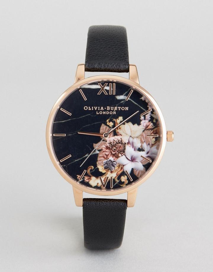 Olivia Burton Ob16cs01 Marble Floral Leather Watch In Black/rose Gold - Black