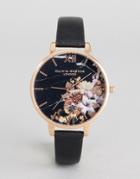 Olivia Burton Ob16cs01 Marble Floral Leather Watch In Black/rose Gold - Black