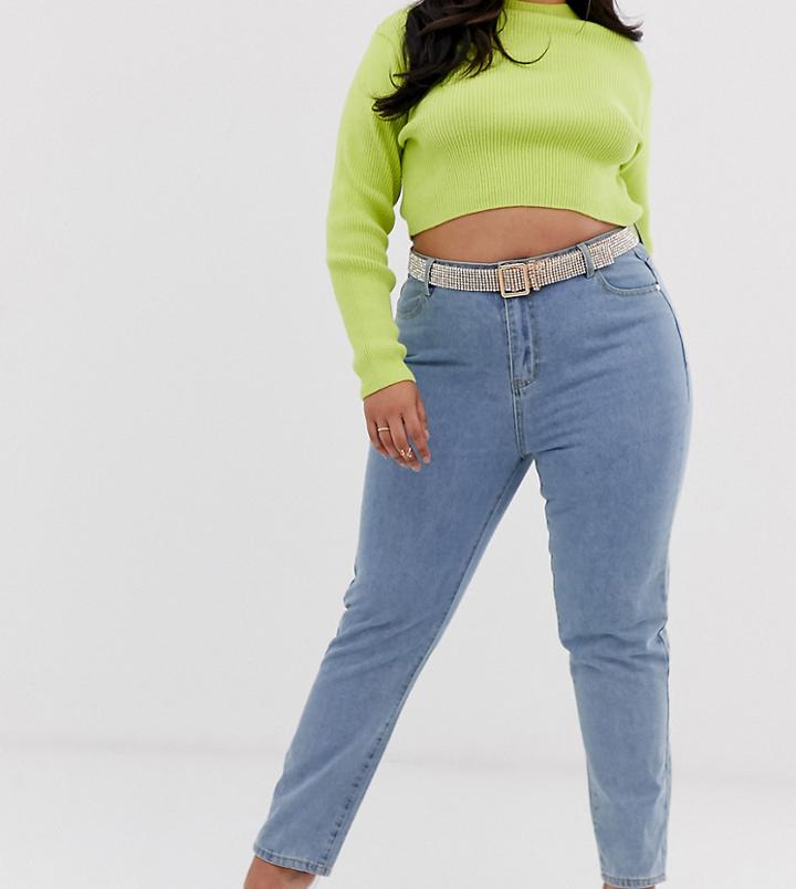 Liquor N Poker Plus High Waisted Mom Jeans With Rhinestone Belt - Blue