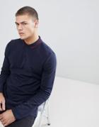Asos Design Long Sleeve Pique Polo With Tipping In Dark Blue - Multi
