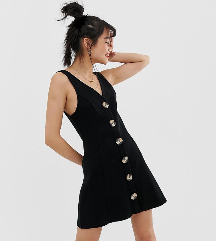 Asos Design Petite Button Through Rib Mini Dress - Black