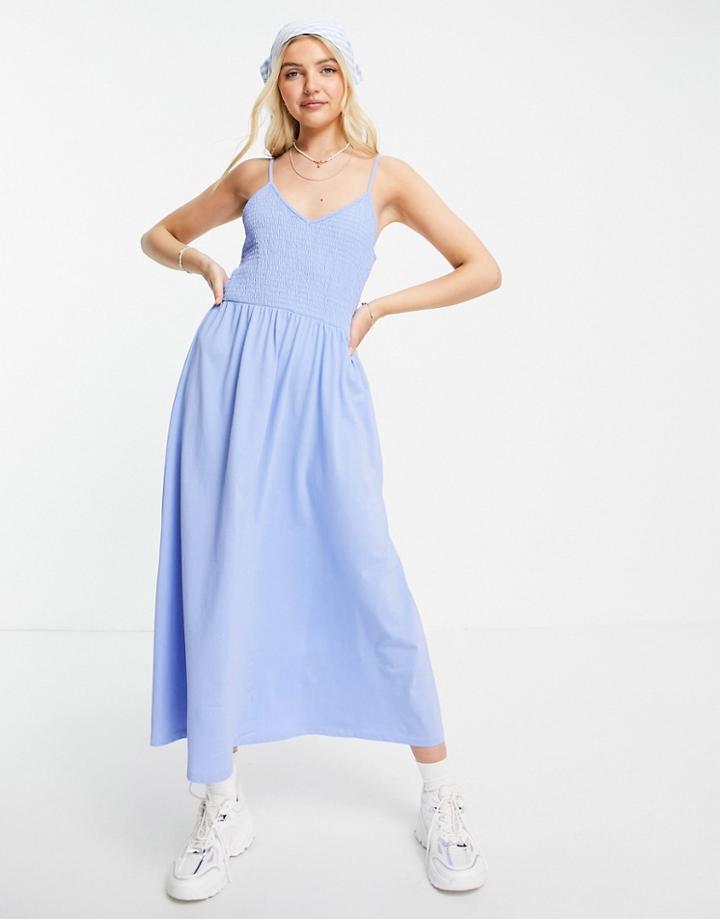 Pieces Cami Shirred Maxi Dress In Blue-blues