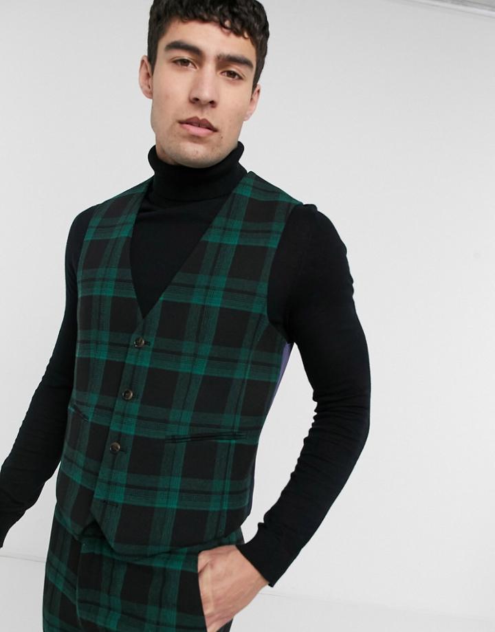 Asos Design Super Skinny Wool Mix Suit Vest In Green Tartan