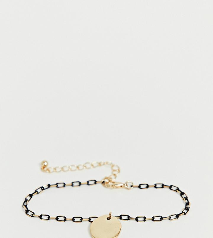 Asos Design Curve Bracelet In Delicate Open Link Chain With Black Detail And Disc Charm In Gold Tone