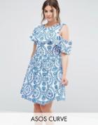 Asos Curve Sleeveless Broderie Skater Dress With Ruffle And Blue - Multi