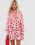 Glamorous Mini Smock Dress With Neck Tie And Peplum Hem In Poppy Print-pink