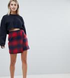 Prettylittlething Wrap Plaid Mini Skirt In Check - Red