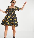 Collusion Floral Print Shirred Mini Sundress In Black