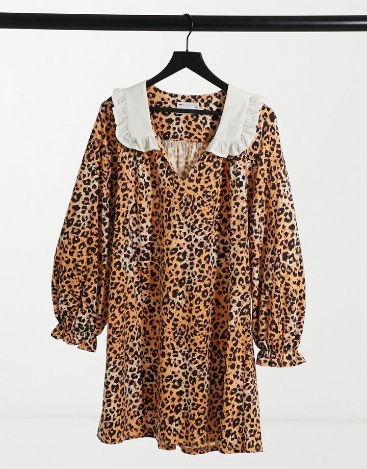 Asos Design Mini Dress With Contrast White Oversized Collar In Leopard Print-multi