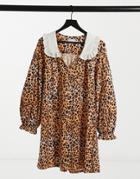 Asos Design Mini Dress With Contrast White Oversized Collar In Leopard Print-multi