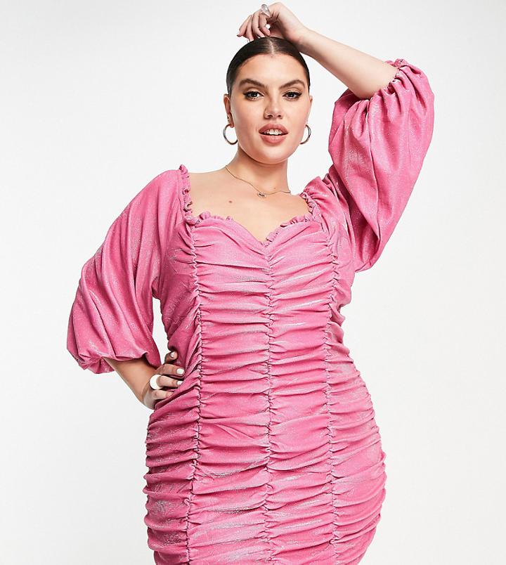 Collective The Label Curve Exclusive Ruched Volume Sleeve Mini Dress In Glitter Pink