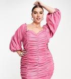 Collective The Label Curve Exclusive Ruched Volume Sleeve Mini Dress In Glitter Pink