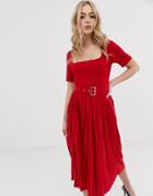 Asos Design Midi Dress With Pleated Skirt And Belt - Red