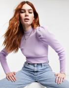 Asos Design Sweater Rib With Funnel Neck And Puff Shoulder In Lilac-purple