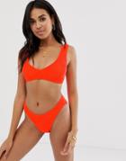 Asos Design Mix And Match Crinkle V Front Crop Bikini Top In Neon Orange