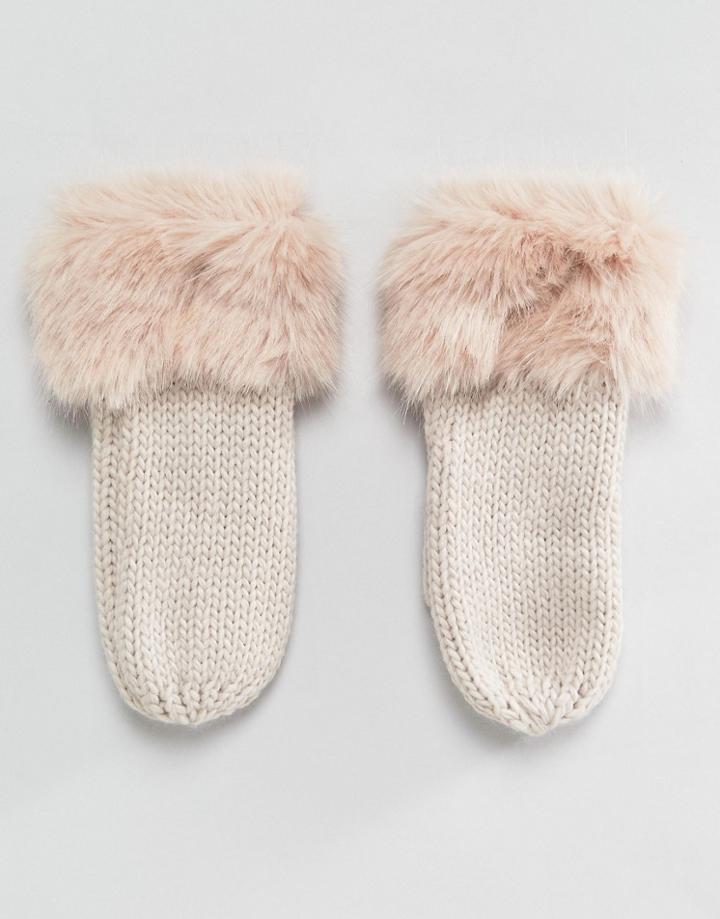 Urbancode Faux Fur Trim Chunky Knitted Mittens - Pink