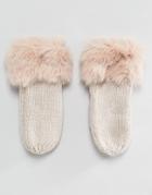Urbancode Faux Fur Trim Chunky Knitted Mittens - Pink