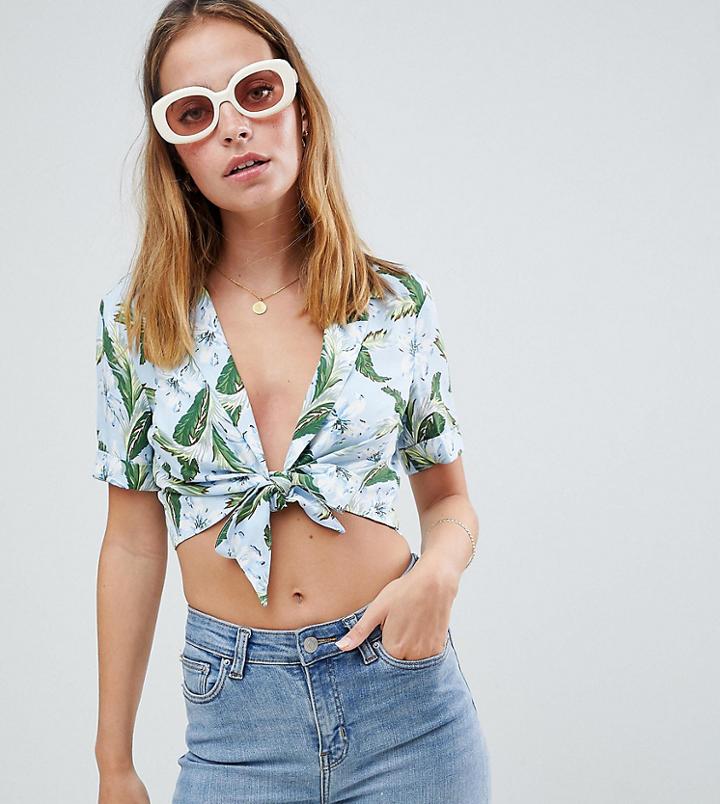 Asos Design Petite Tie Front Shirt In Washed Hawaiian - Multi