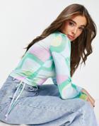 Asos Design Ruched Side Top With Long Sleeve In Pastel Marble Print-blues