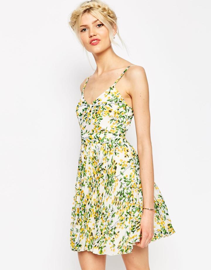 Asos Sheer And Solid Pleated Mini Dress In Yellow Floral - Multi