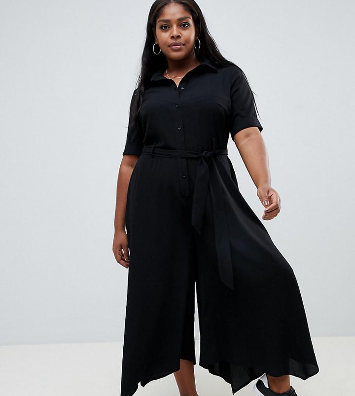 Asos Design Curve Shirt Jumpsuit With Hanky Hem And Belt Detail - Black
