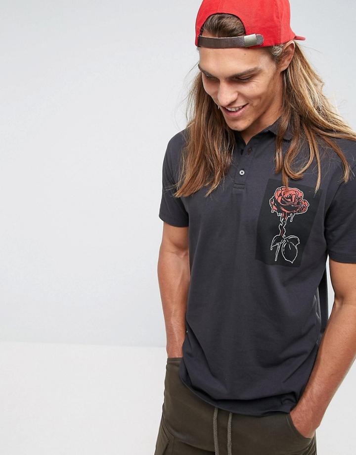 Asos Longline Polo With Rose Chest Print - Gray