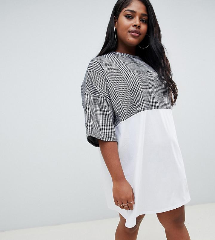 Asos Design Curve Check Mix Fabric T-shirt Dress-multi