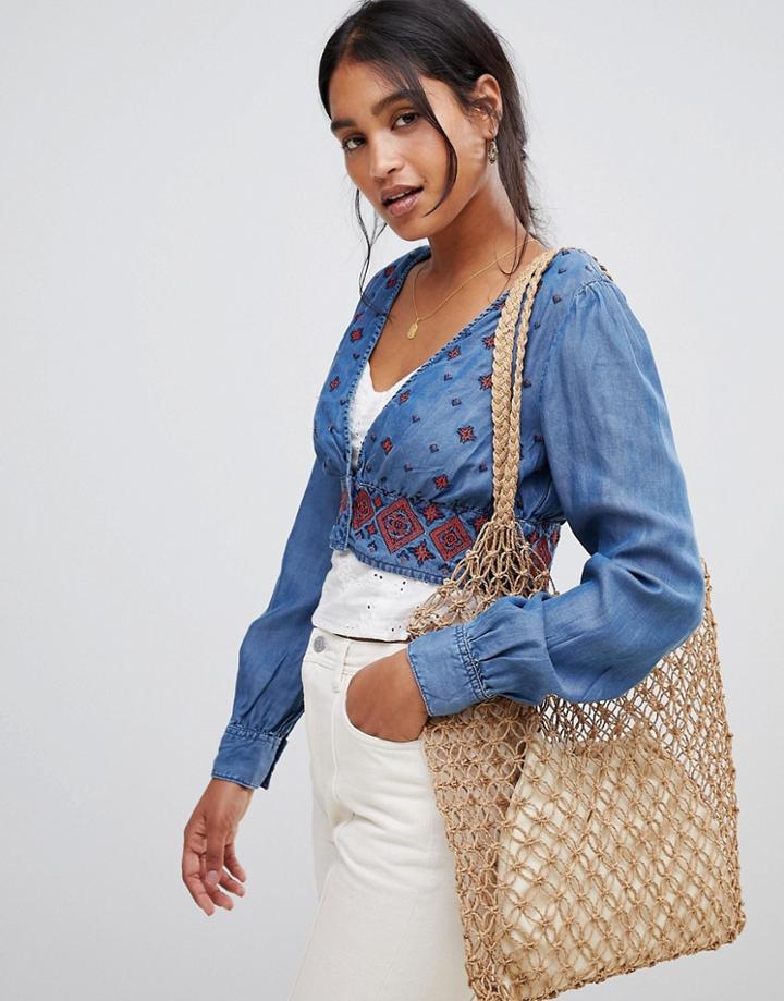 Asos Design Denim Embroidered Top In Midwash Blue - Blue