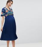 Asos Design Maternity Pleated Embroidered Midi Dress - Navy