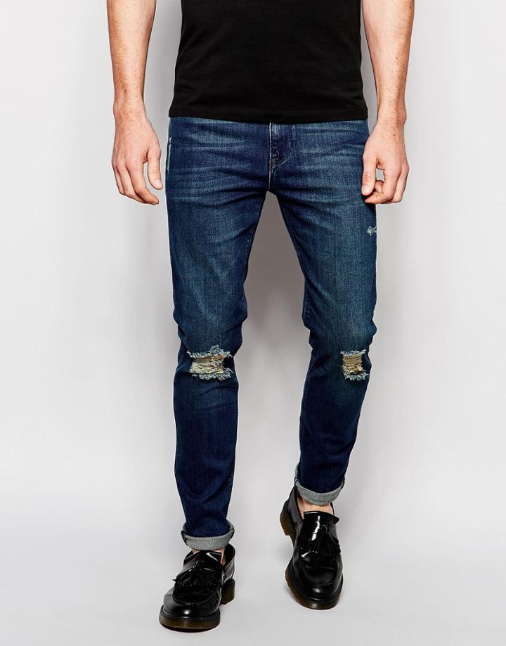 Asos Skinny Jeans In Tinted Dark Wash With Rips - Dark Blue